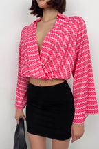Batwing Sleeve Patterned Pink Blouse