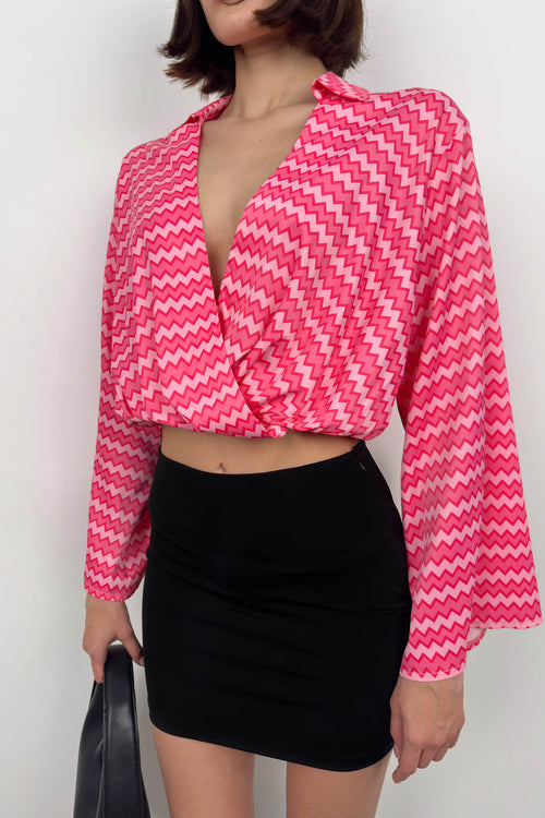 Batwing Sleeve Patterned Pink Blouse