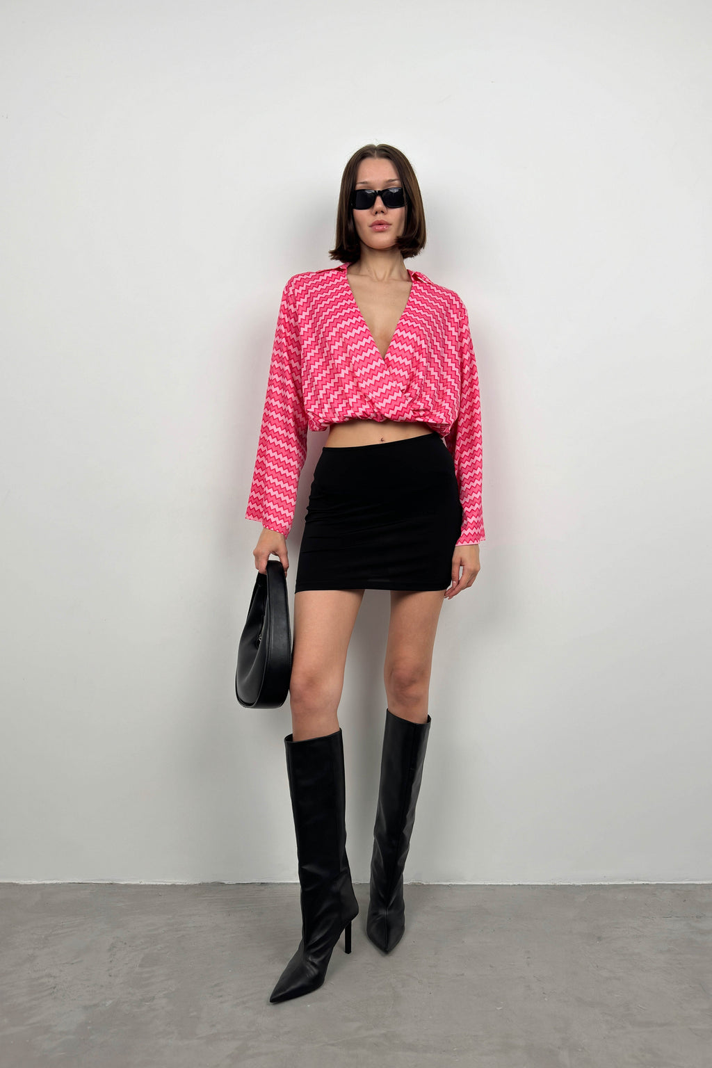 Batwing Sleeve Patterned Pink Blouse