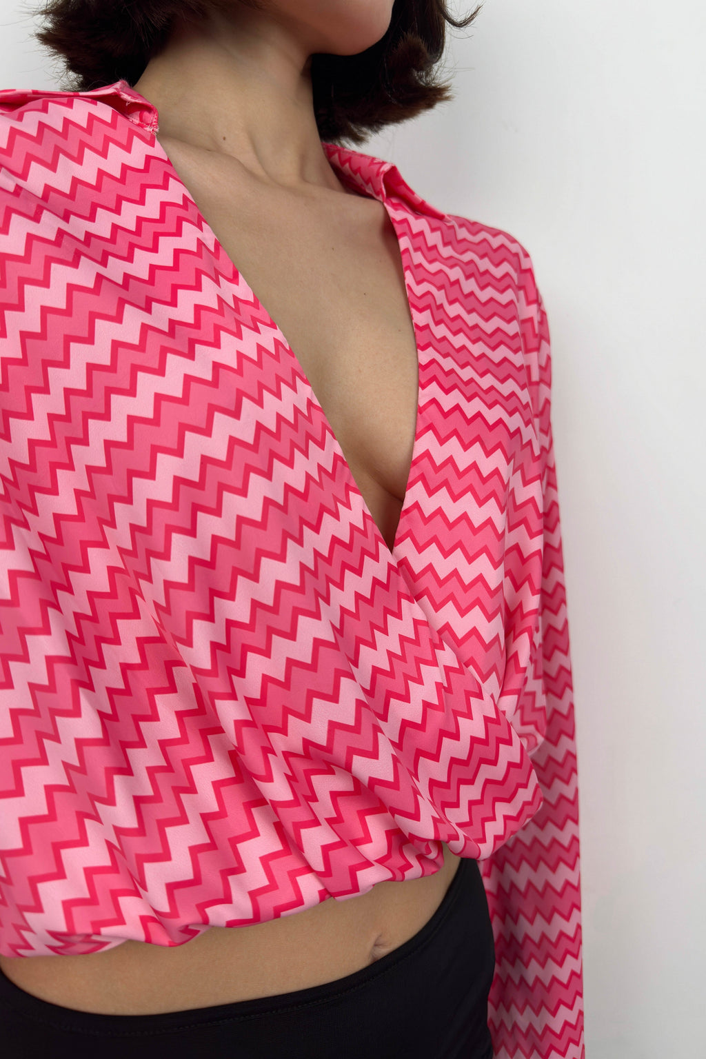 Batwing Sleeve Patterned Pink Blouse