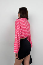 Batwing Sleeve Patterned Pink Blouse