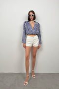 Batwing Sleeve Patterned Blue Blouse