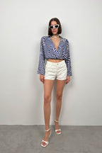 Batwing Sleeve Patterned Blue Blouse