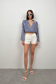 Bat Sleeve Patterned Blue Blouse