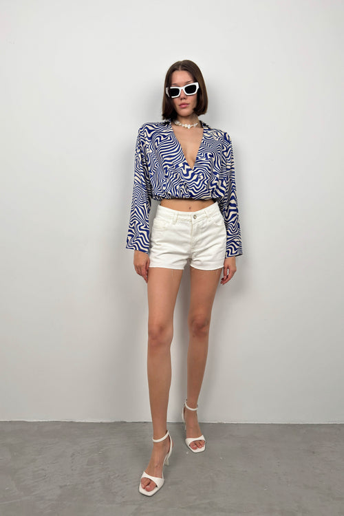 Batwing Sleeve Patterned Blue Blouse