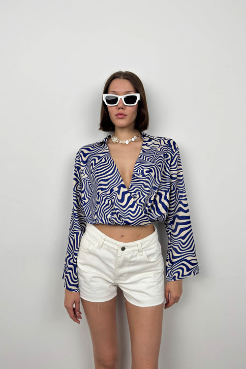 Batwing Sleeve Patterned Blue Blouse