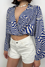 Batwing Sleeve Patterned Blue Blouse
