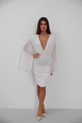 Batwing Sleeve Wrap Back Cutout Sequined White Dress