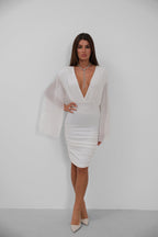 Batwing Sleeve Wrap Back Cutout Sequined White Dress