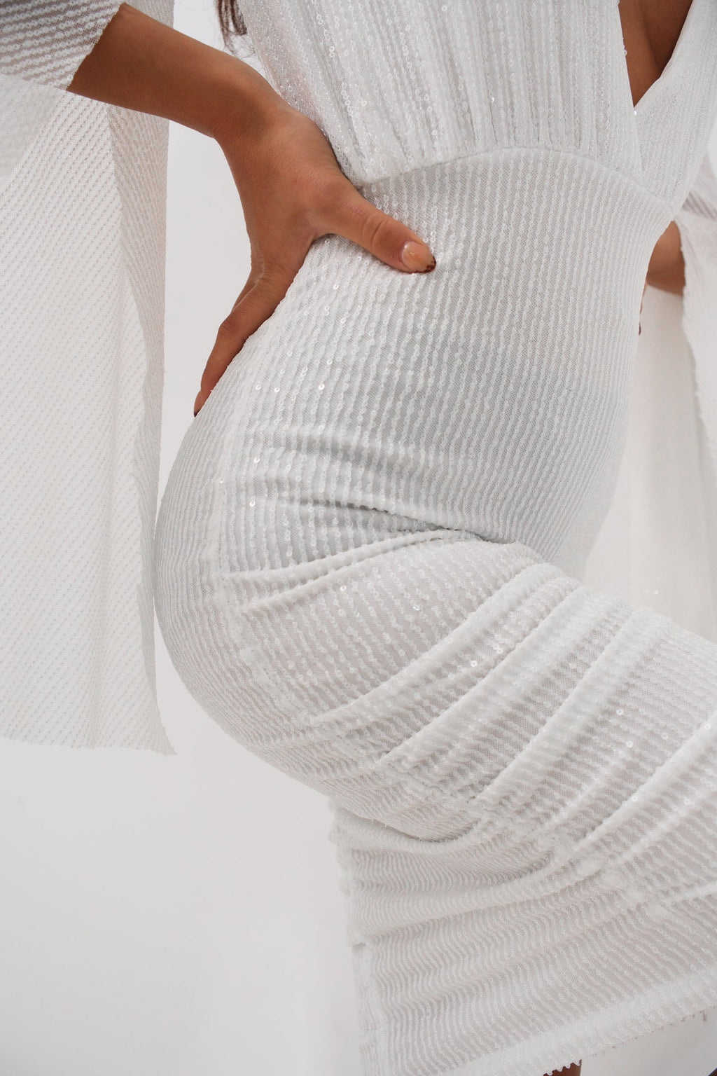 Batwing Sleeve Wrap Back Cutout Sequined White Dress
