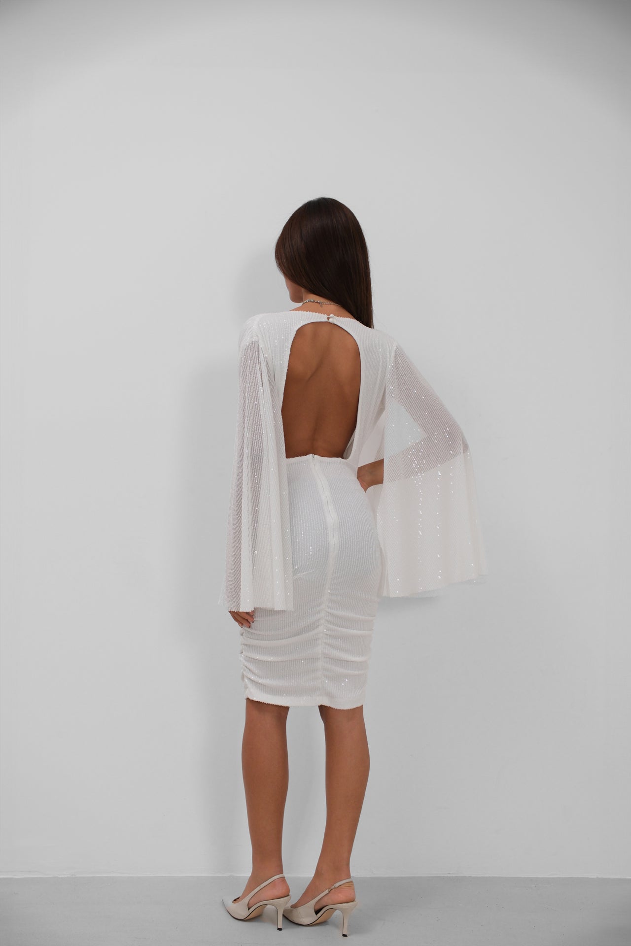 Batwing Sleeve Wrap Back Cutout Sequined White Dress