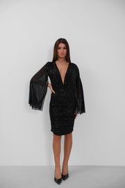 Batwing Sleeve Double Breasted Backless Sequined Black Dress