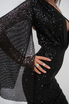 Yarasa Sleeve Kruvaze Sirt Dekolteli Sequined Black Dress