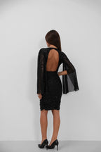 Yarasa Sleeve Kruvaze Sirt Dekolteli Sequined Black Dress