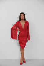 Batwing Sleeve Wrap Back Cutout Sequined Red Dress