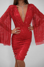 Batwing Sleeve Wrap Back Cutout Sequined Red Dress