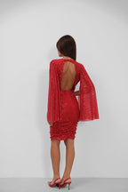 Batwing Sleeve Wrap Back Cutout Sequined Red Dress