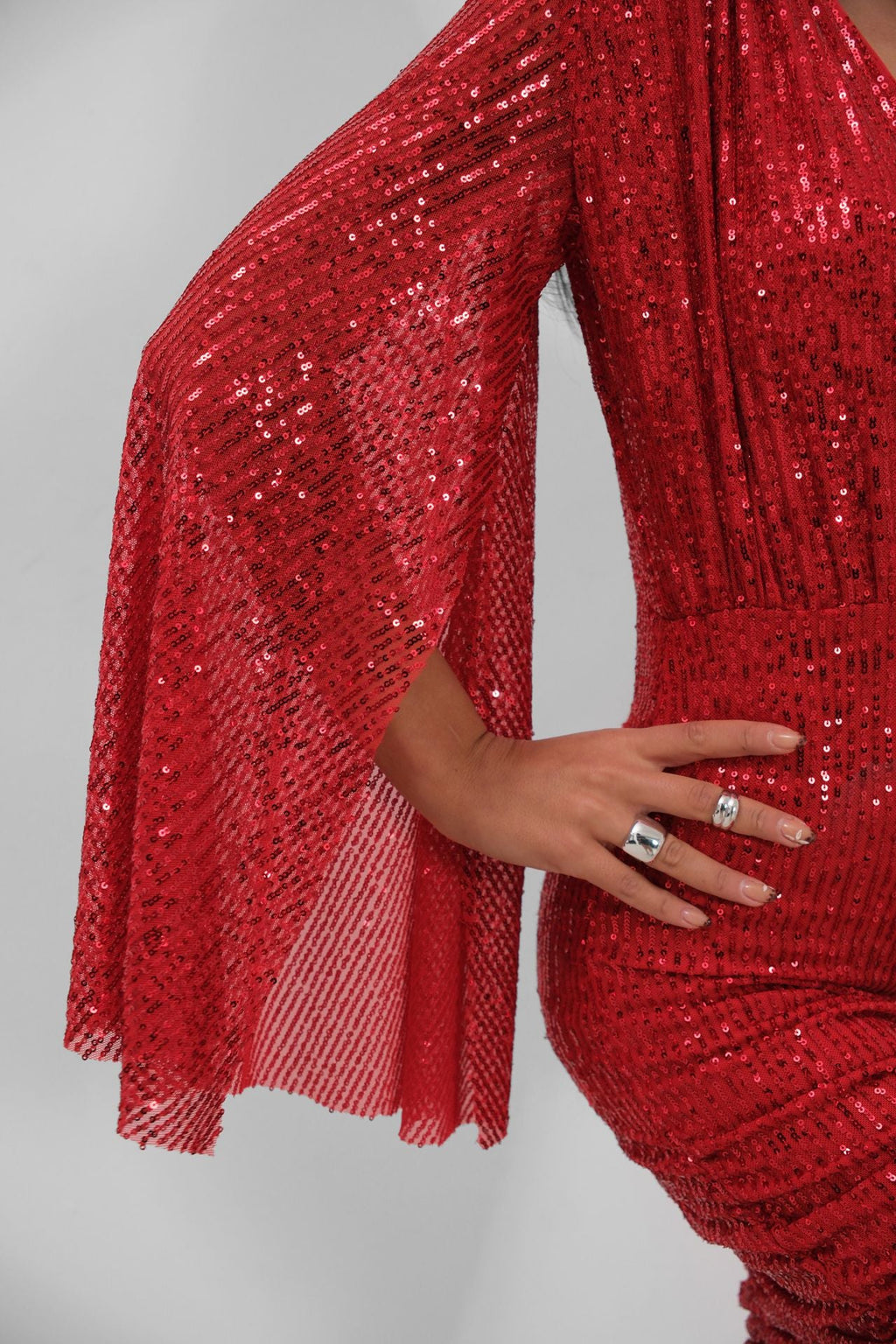 Batwing Sleeve Wrap Back Cutout Sequined Red Dress