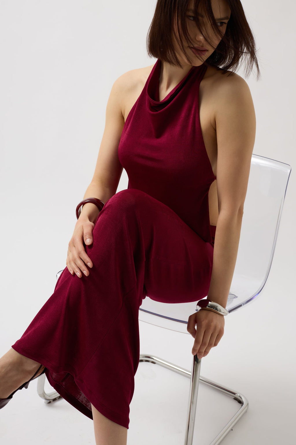 Mock Neck Back Cut-Out Crop Burgundy Blouse