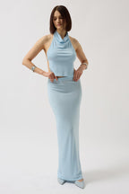 Mock Neck Back Cutout Crop Baby Blue Blouse