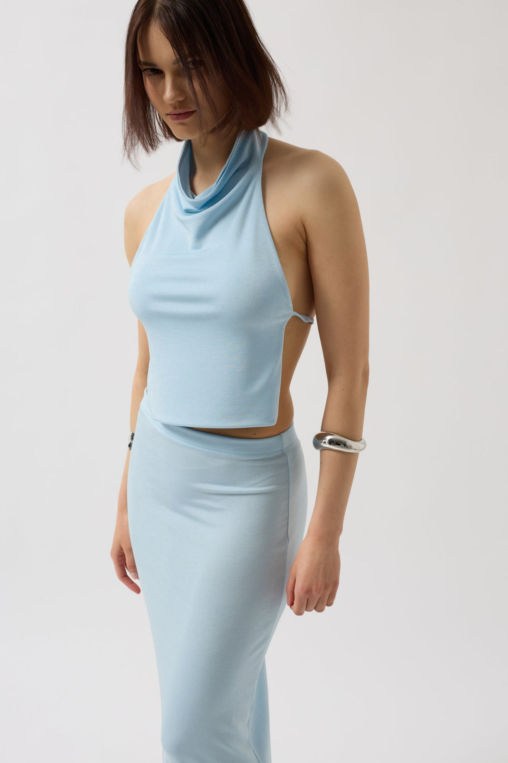 Mock Neck Back Cutout Crop Baby Blue Blouse