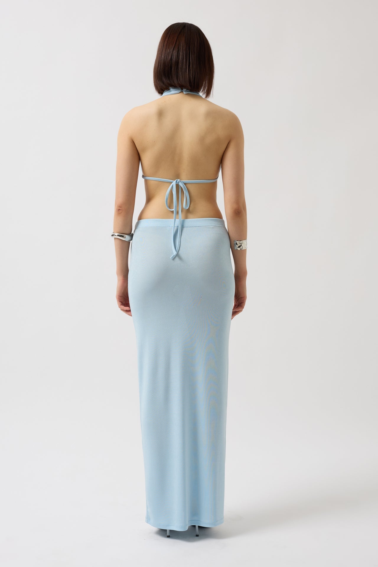 Mock Neck Back Cutout Crop Baby Blue Blouse