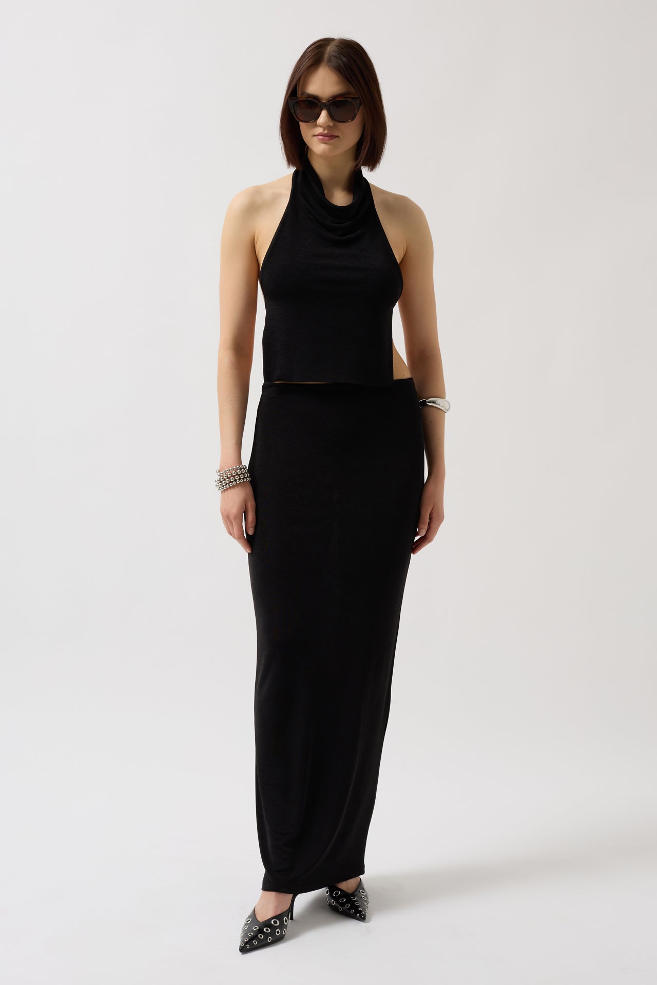 Mock Neck Back Cutout Crop Black Blouse