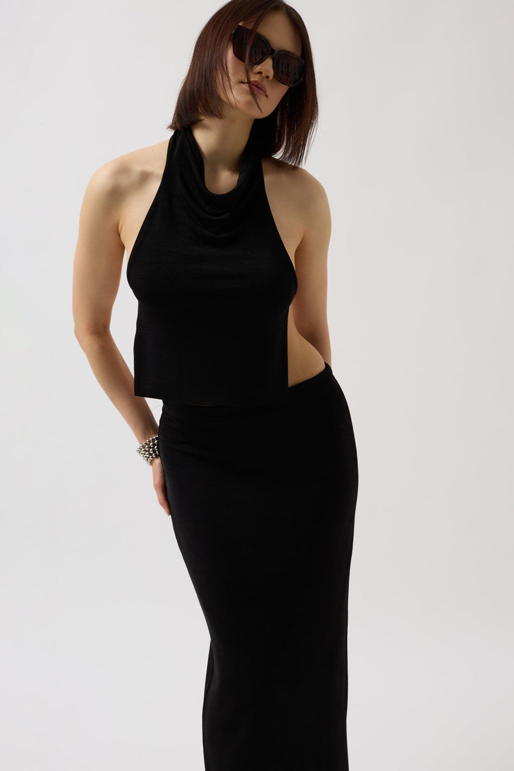 Mock Neck Back Cutout Crop Black Blouse