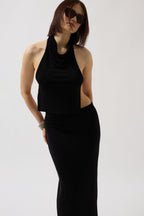 Mock Neck Back Cutout Crop Black Blouse