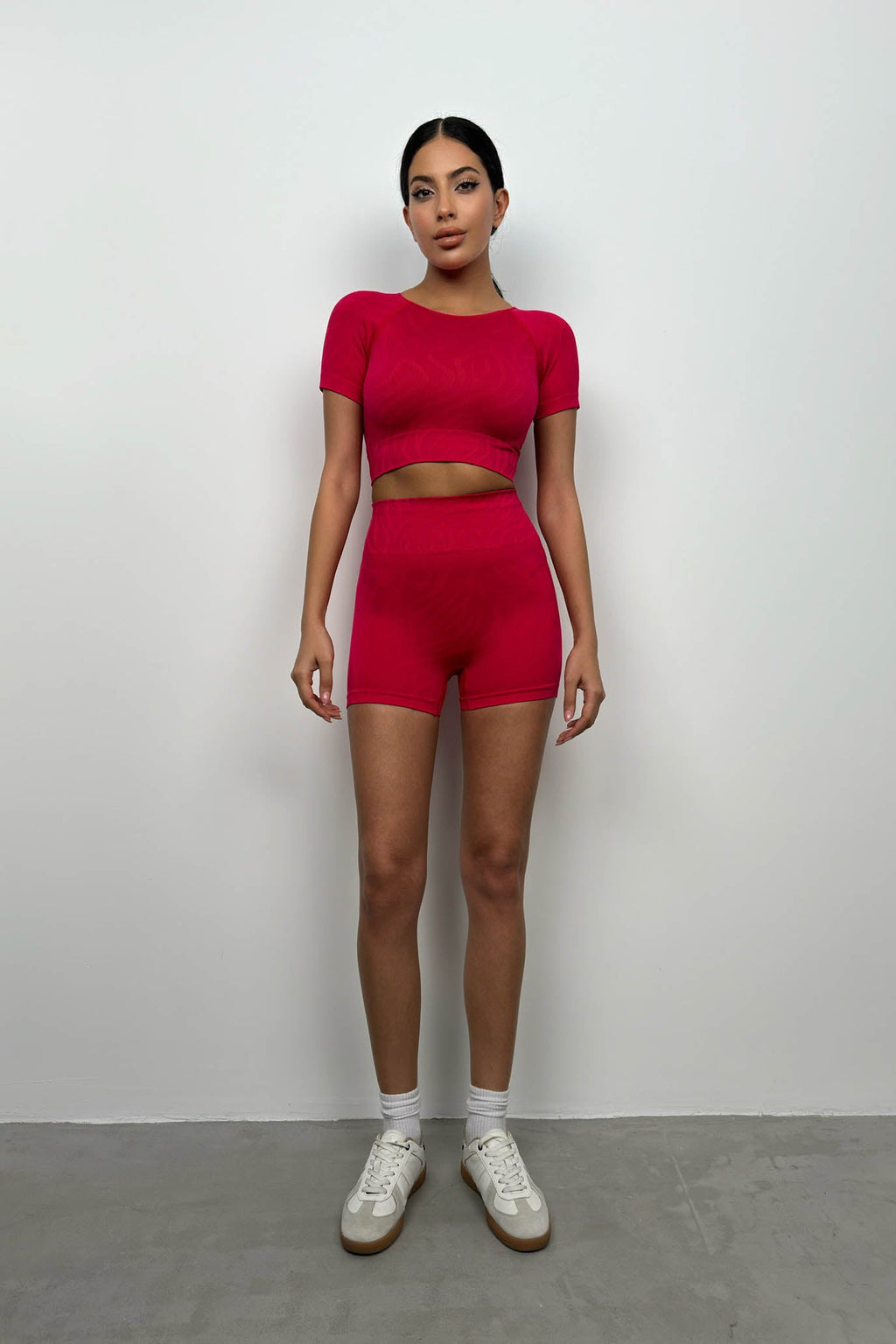 Half-Sleeve Crop Biker Shorts Pink Leggings Set