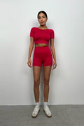 Half-Sleeve Crop Biker Shorts Pink Leggings Set