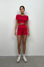 Half-Sleeve Crop Biker Shorts Pink Leggings Set