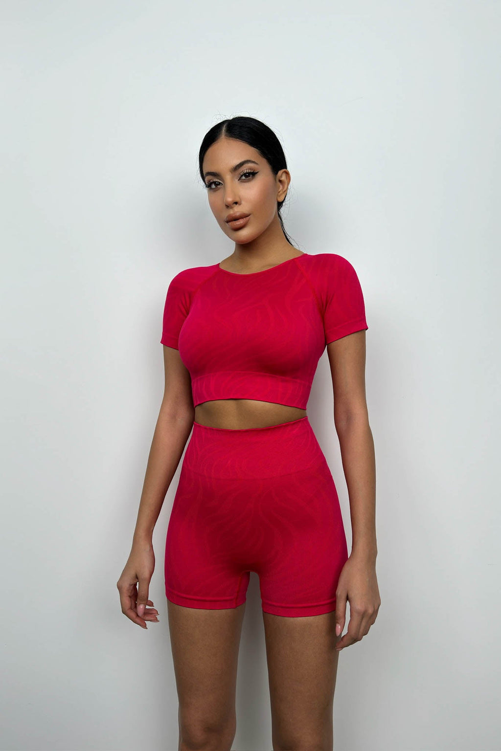 Half-Sleeve Crop Biker Shorts Pink Leggings Set