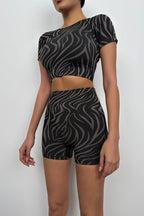 Half-Sleeve Crop Biker Shorts Black Leggings Set