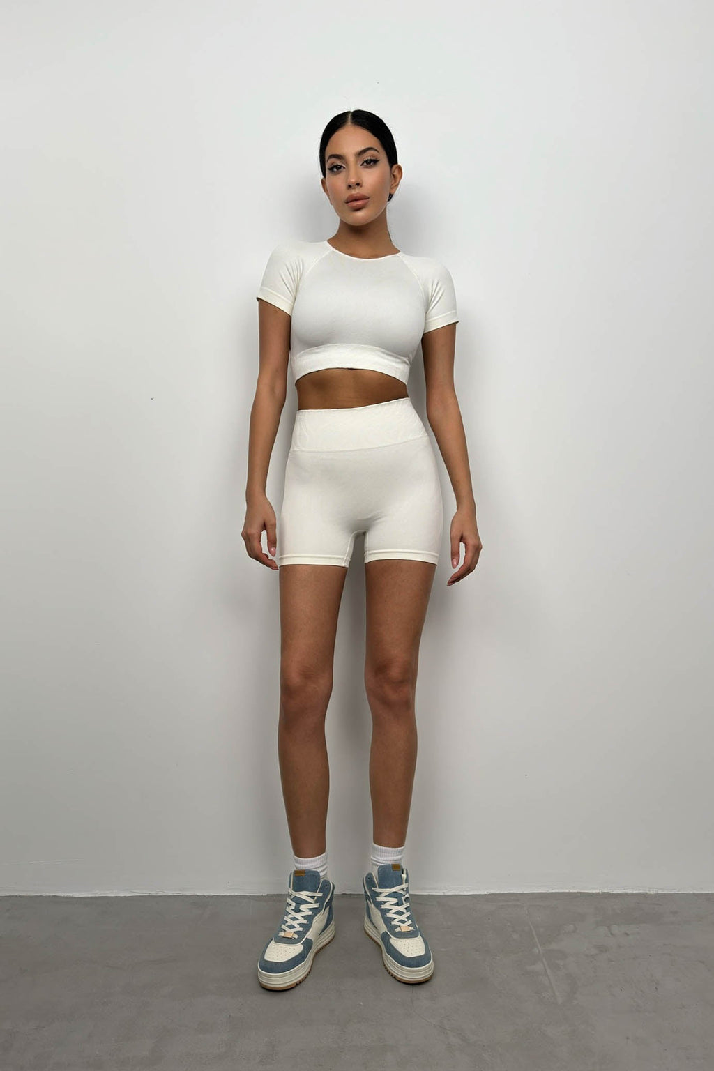 Half-Sleeve Crop Biker Shorts White Leggings Set