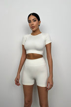 Half-Sleeve Crop Biker Shorts White Leggings Set