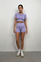 Half-Sleeve Crop Biker Shorts Lilac Leggings Set