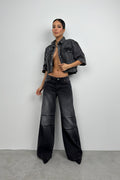 Half Sleeve Crop Gray Denim Shirt