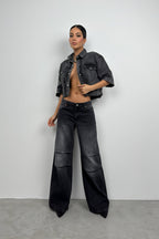 Half Sleeve Crop Gray Denim Shirt