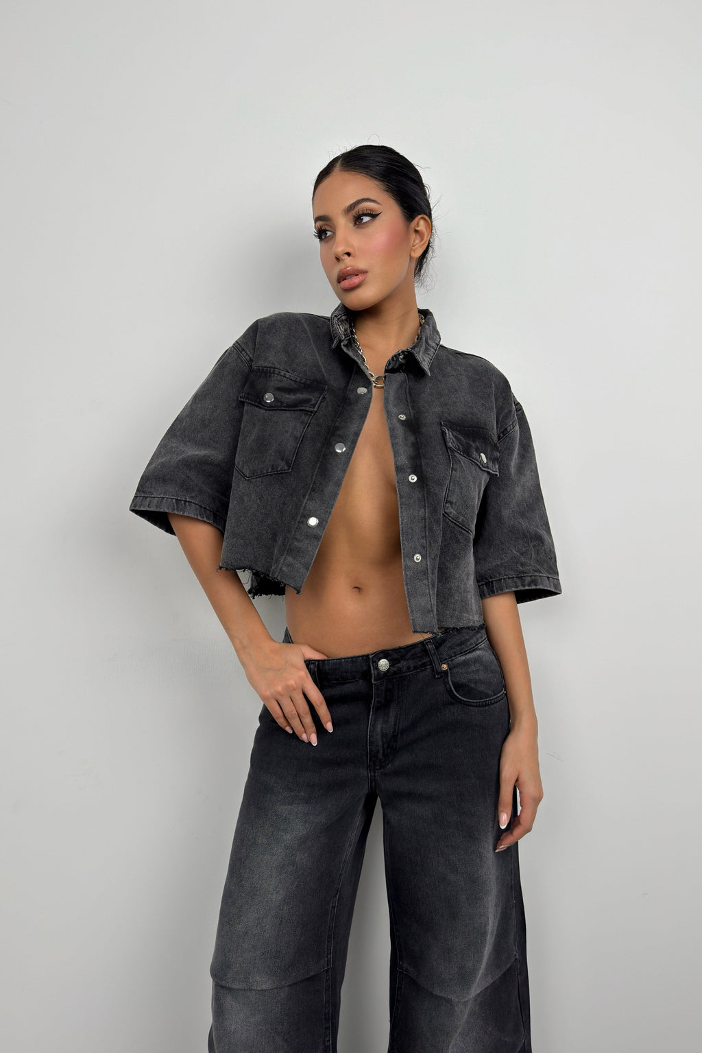 Half Sleeve Crop Gray Denim Shirt