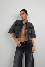 Half Sleeve Crop Gray Denim Shirt