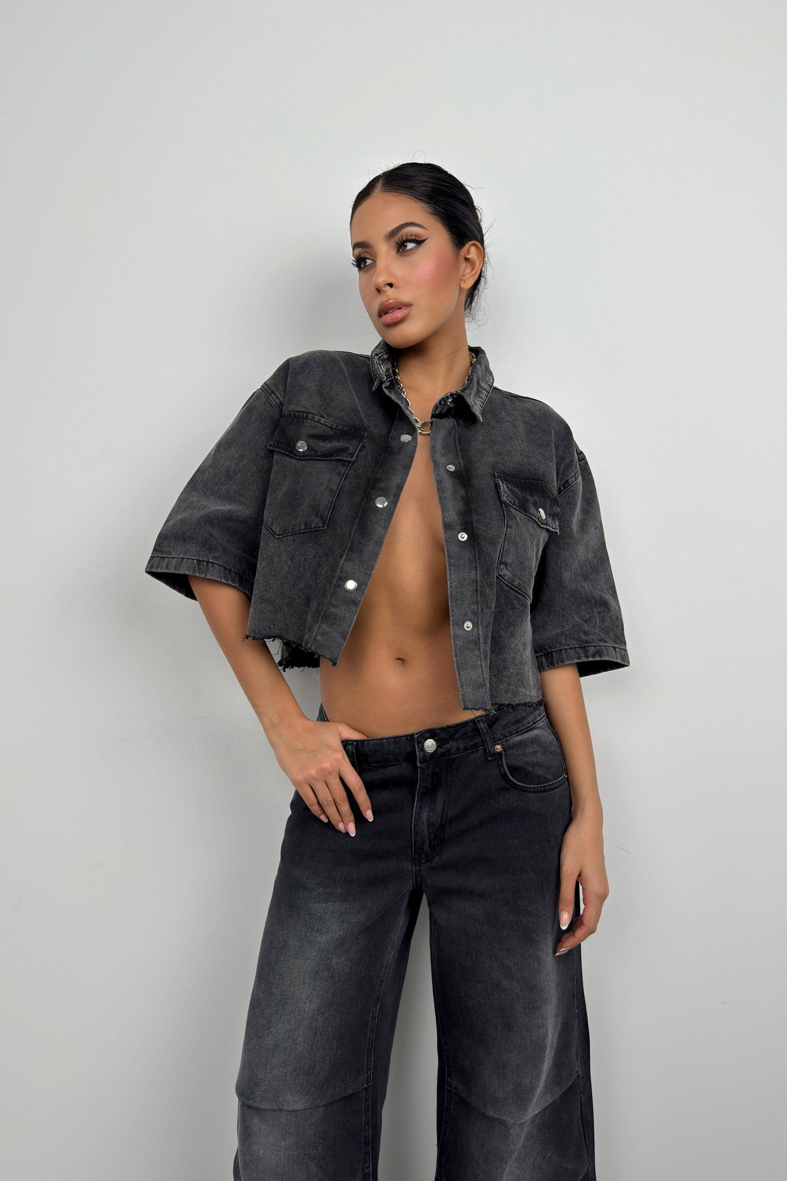 Half Sleeve Crop Gray Denim Shirt