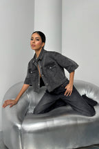 Half Sleeve Crop Gray Denim Shirt