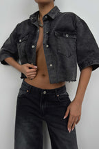 Half Sleeve Crop Gray Denim Shirt