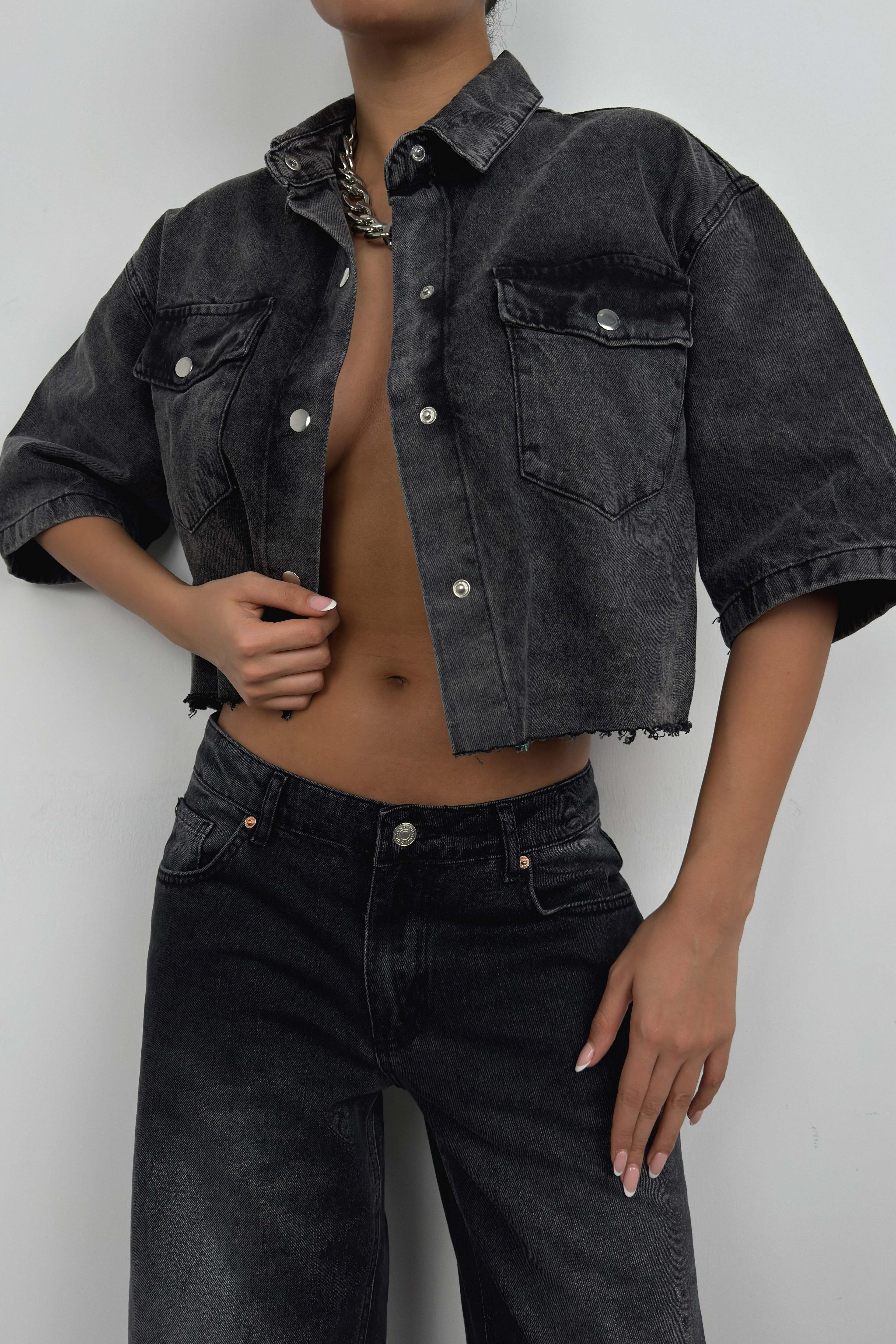 Half Sleeve Crop Gray Denim Shirt