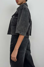 Half Sleeve Crop Gray Denim Shirt