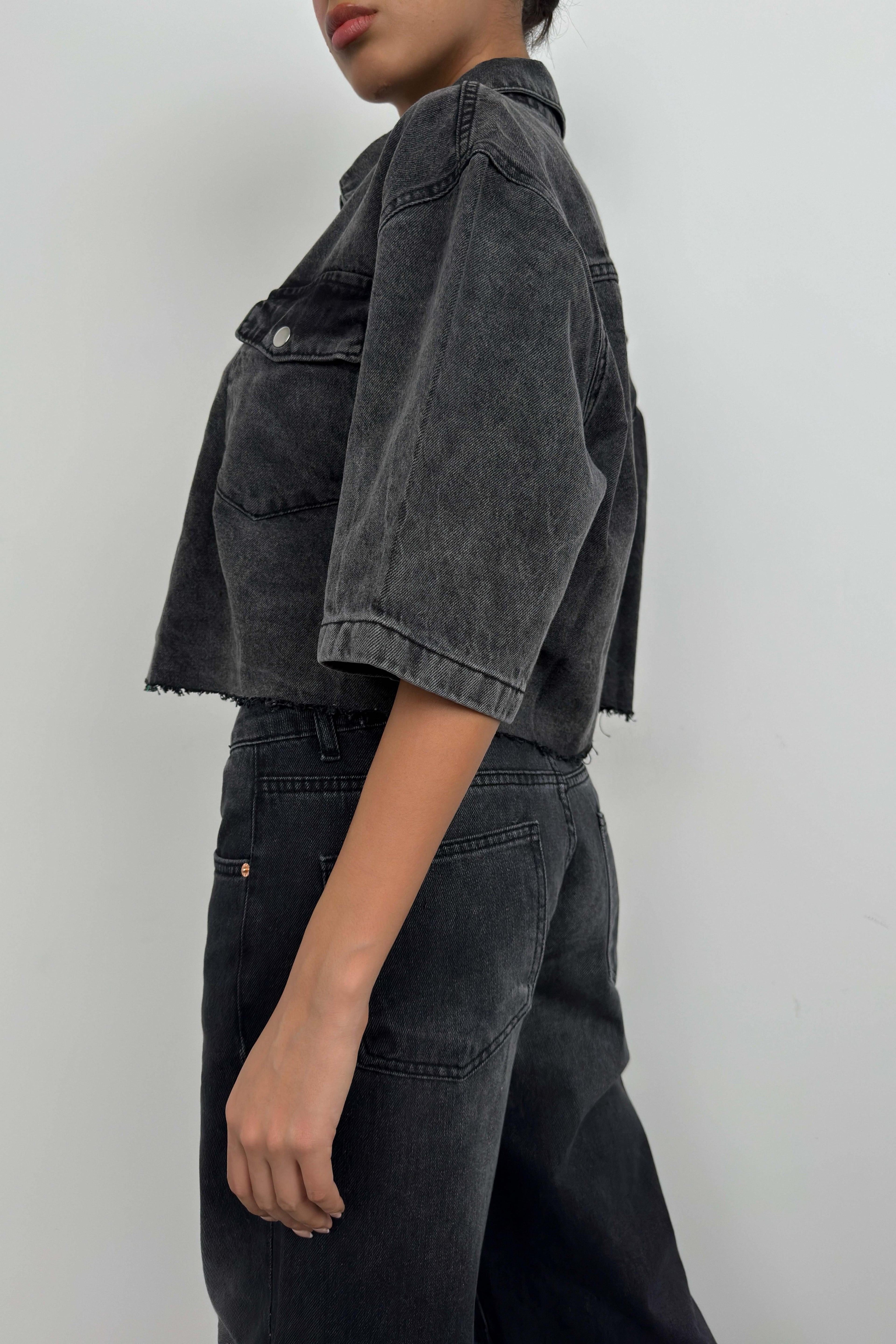 Half Sleeve Crop Gray Denim Shirt