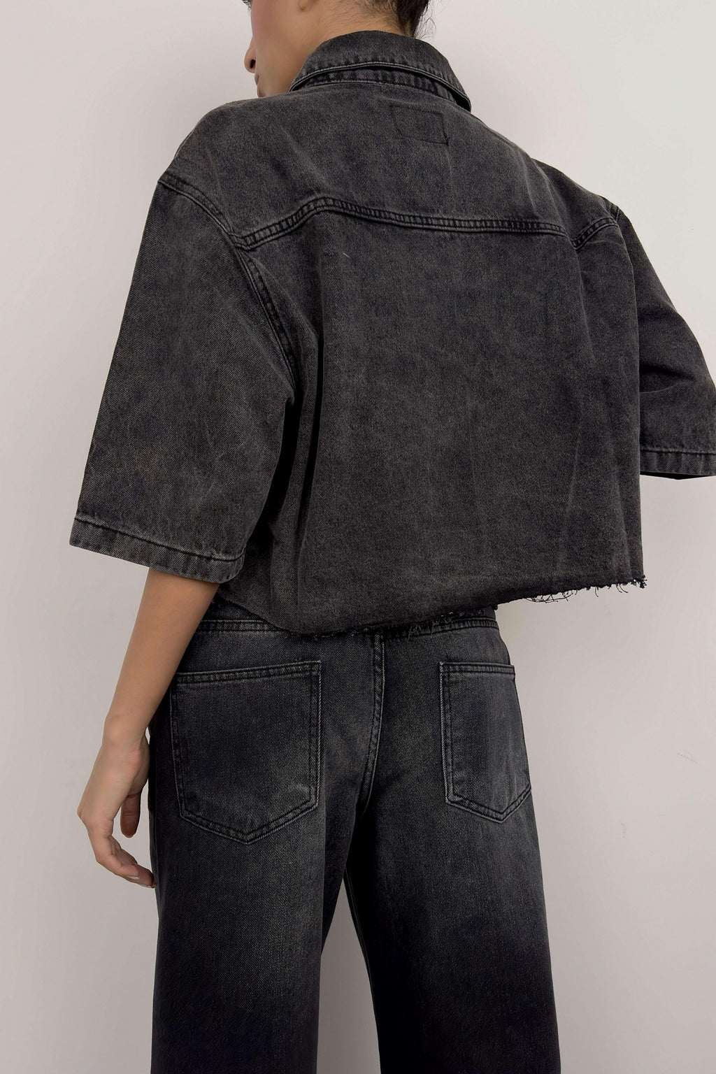 Half Sleeve Crop Gray Denim Shirt