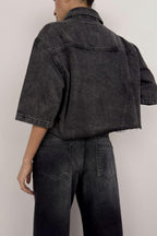 Half Sleeve Crop Gray Denim Shirt