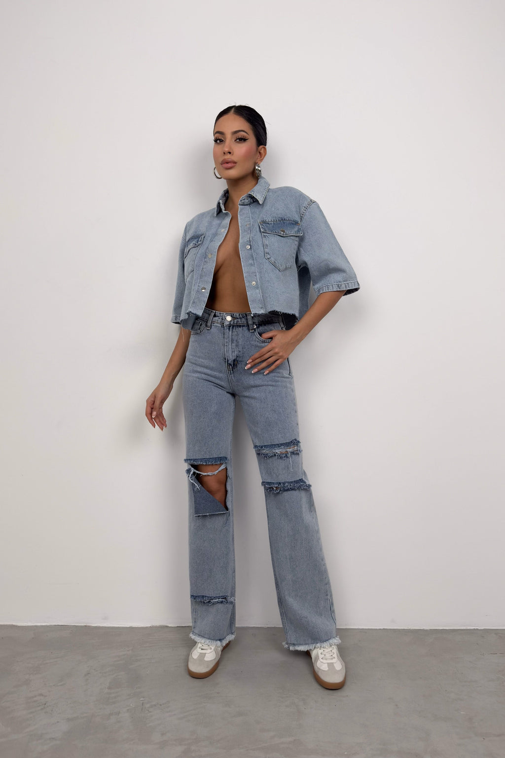 Half Sleeve Crop Light Blue Denim Shirt